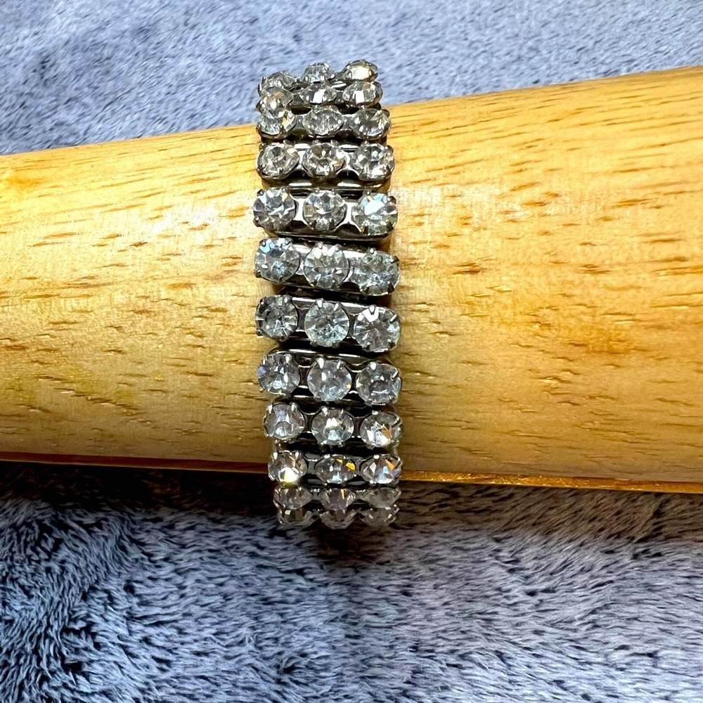 Vintage Triple Row Rhinestone Silver Colored Stretch Bracelet